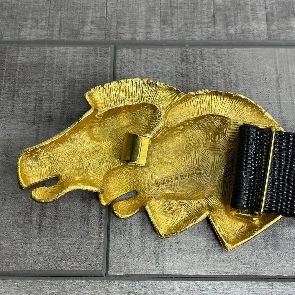 Vintage DOREEN RYAN Double Zebra Head Gold Black 1.25 in adjustable belt 35 in